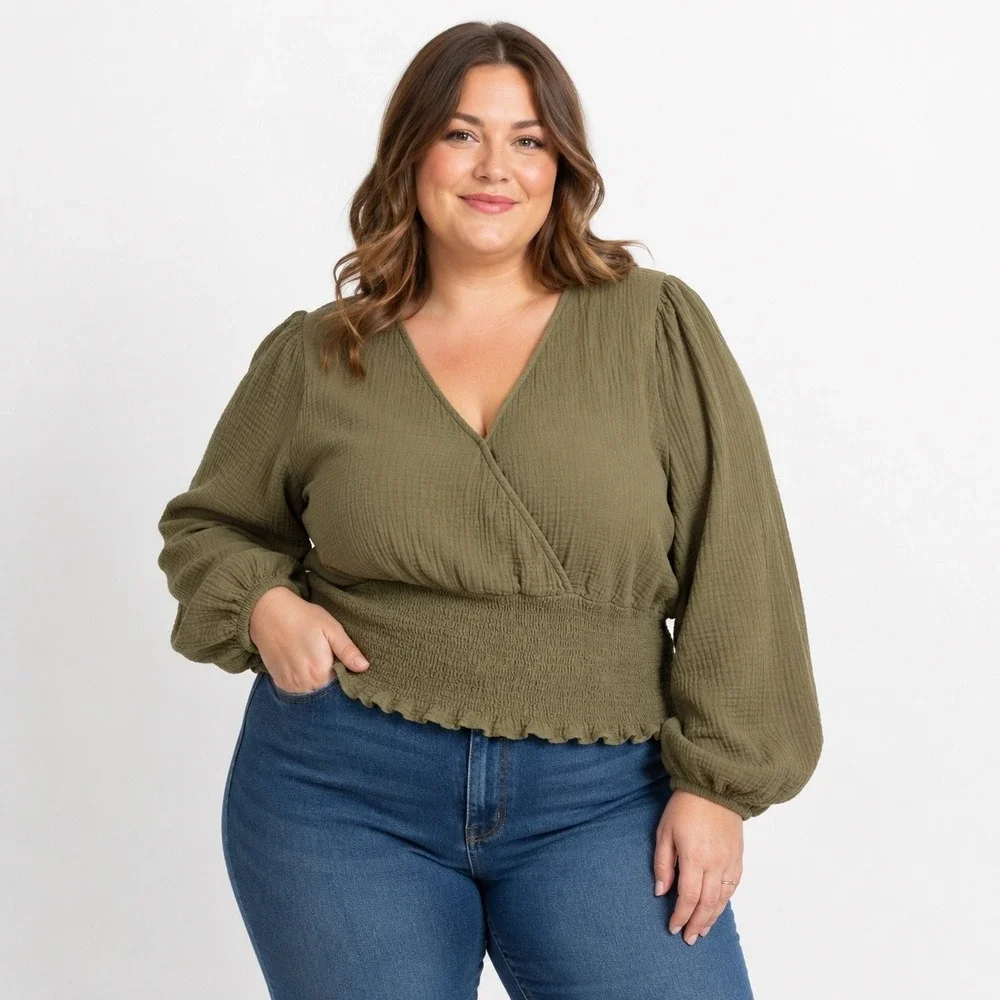 Madewell Smocked Wrap Top Womens 2X Green Cotton Gauze‎ Puff Sleeve Julianne